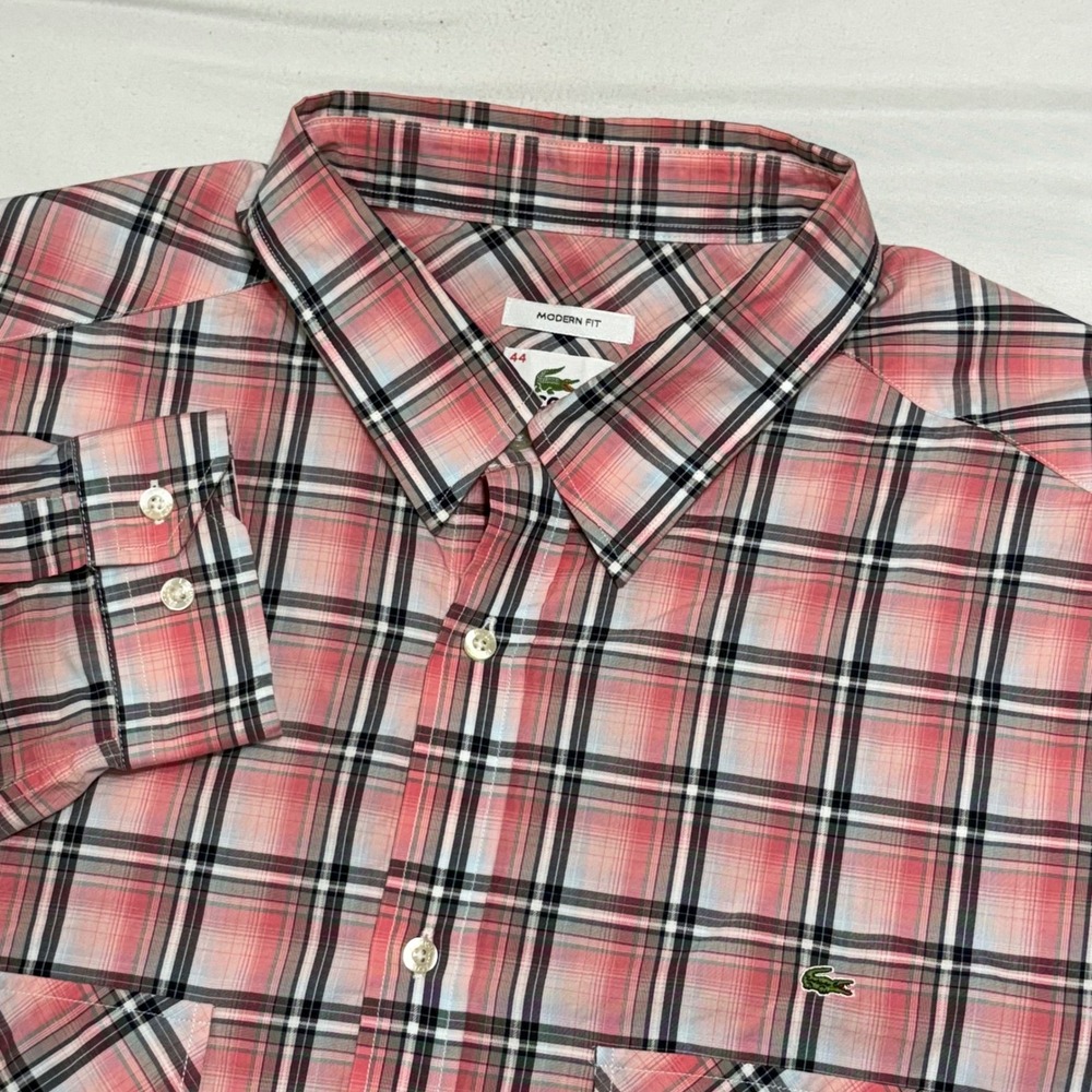 Lacoste Button Down Shirt Mens 44 XL Pink Plaid‎ Modern Fit Long Sleeve Designer